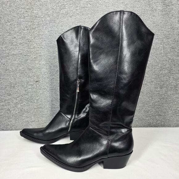ZARA WOMEN'S BLACK LEATHER COWBOY KNEE HIGH BOOTS – POINTED TOE, WESTERN HEEL - Picture 2 of 13
